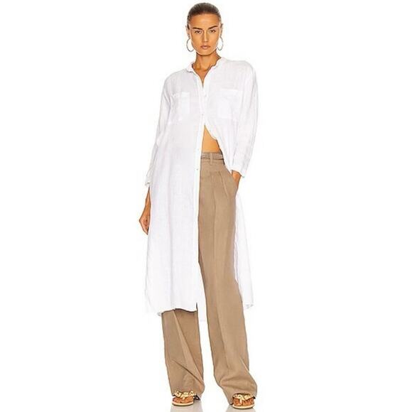 Enzo Costa 100% White Linen Collarless Bracelet Length Sleeve Shirt Dress 3 L - Picture 3 of 12